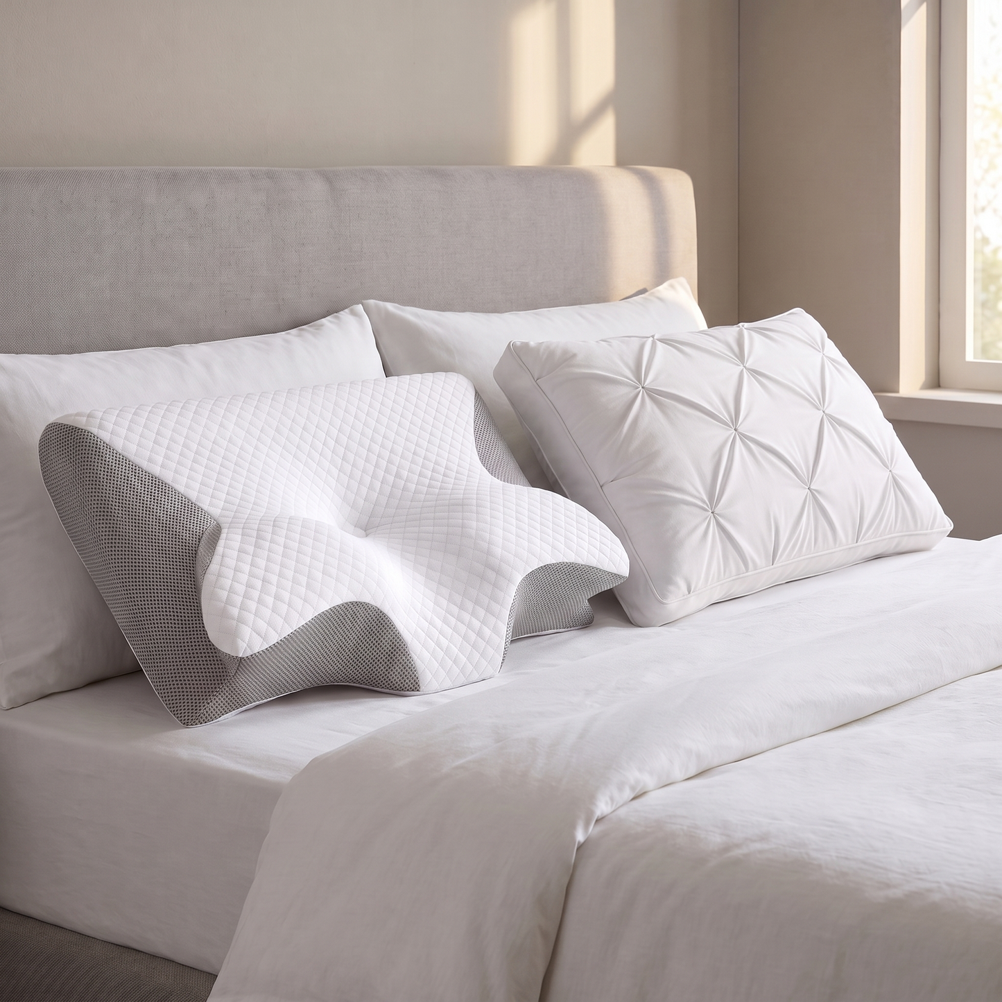 LoftRest hotelkussen naast het NeckRest nekkussen op bed, zodat je het verschil in vorm ziet