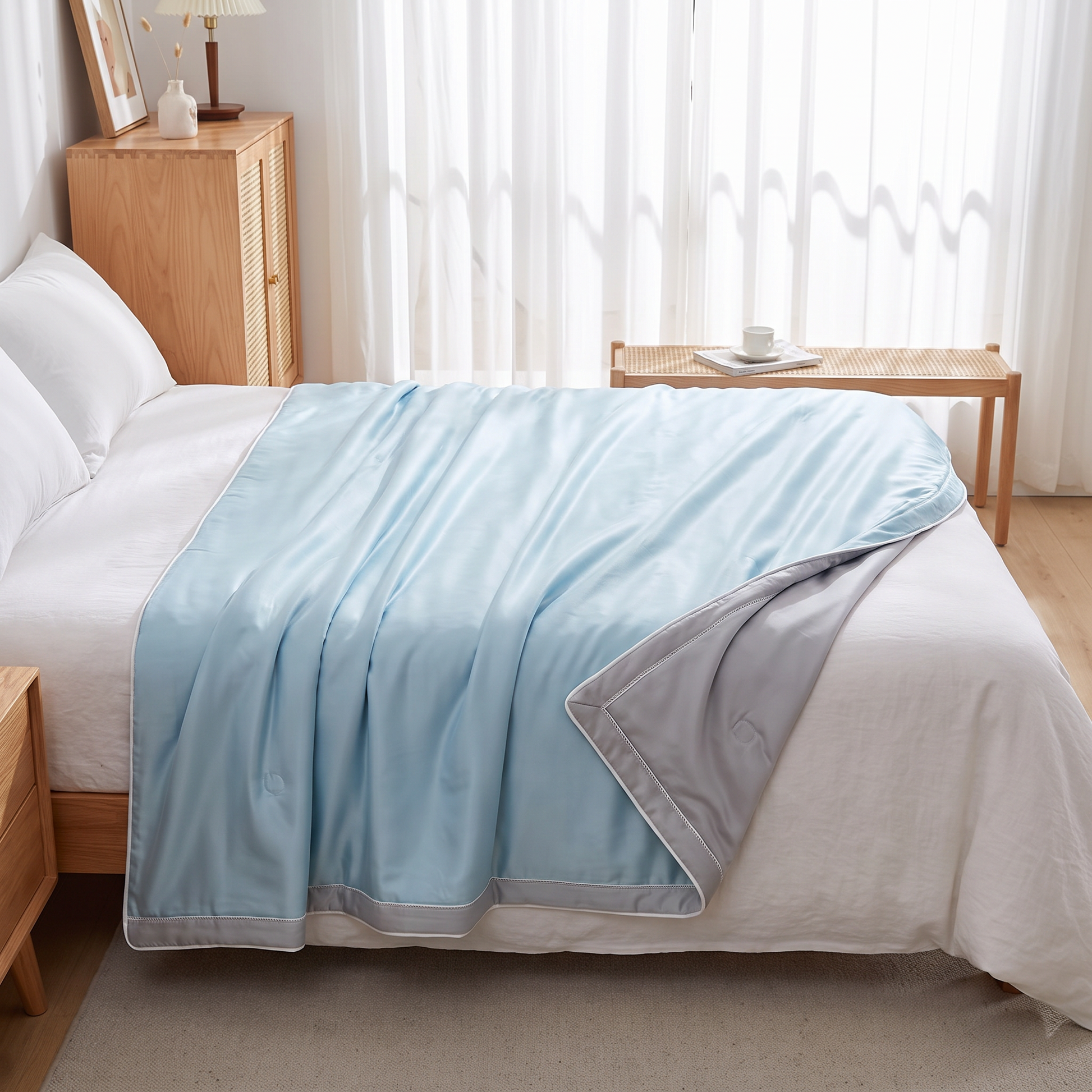 IceRest koeldeken over het bed met omgeslagen hoek