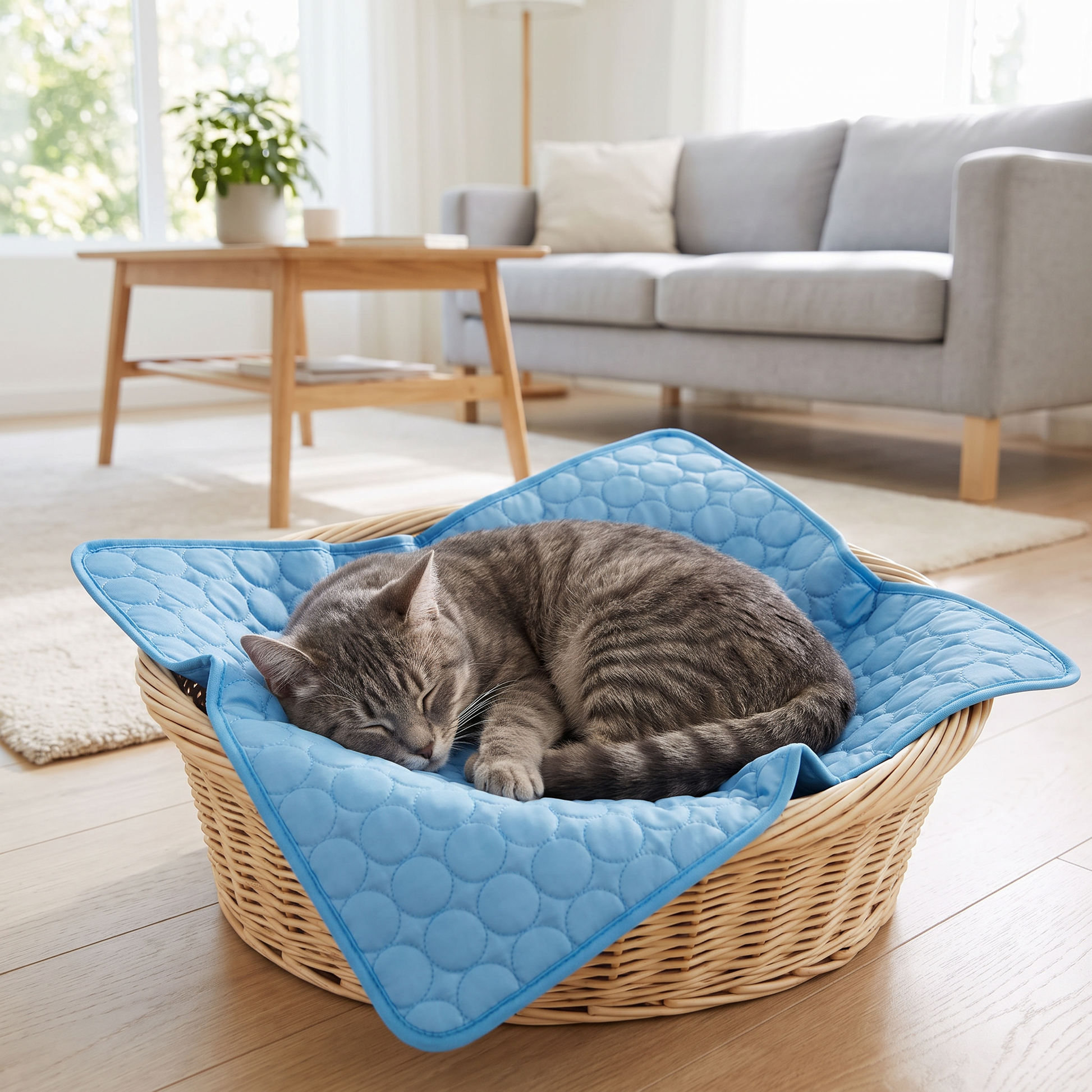 Kat slaapt opgekruld op de PawRest koelmat in een mand