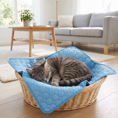 Kat slaapt opgekruld op de PawRest koelmat in een mand