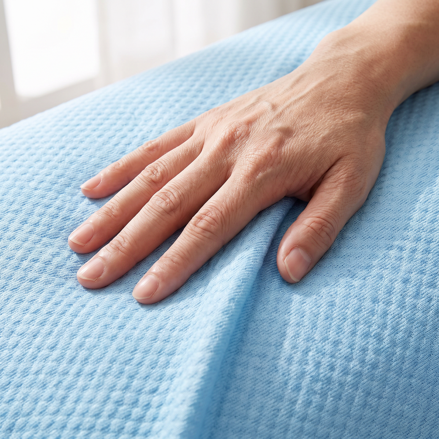 Hand op het gladde ijszijde weefsel van de CoolRest kussensloop