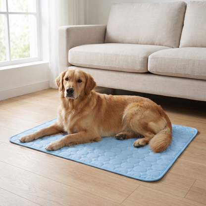 Golden retriever ligt ontspannen op de PawRest koelmat