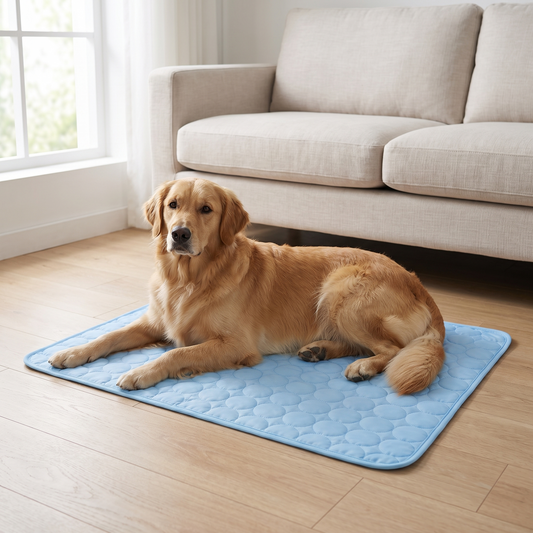 Golden retriever ligt ontspannen op de PawRest koelmat