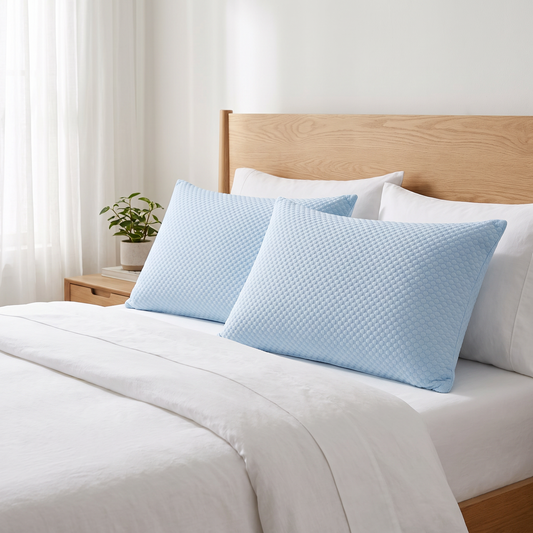 CoolRest kussenslopen op twee kussens in een opgemaakt bed