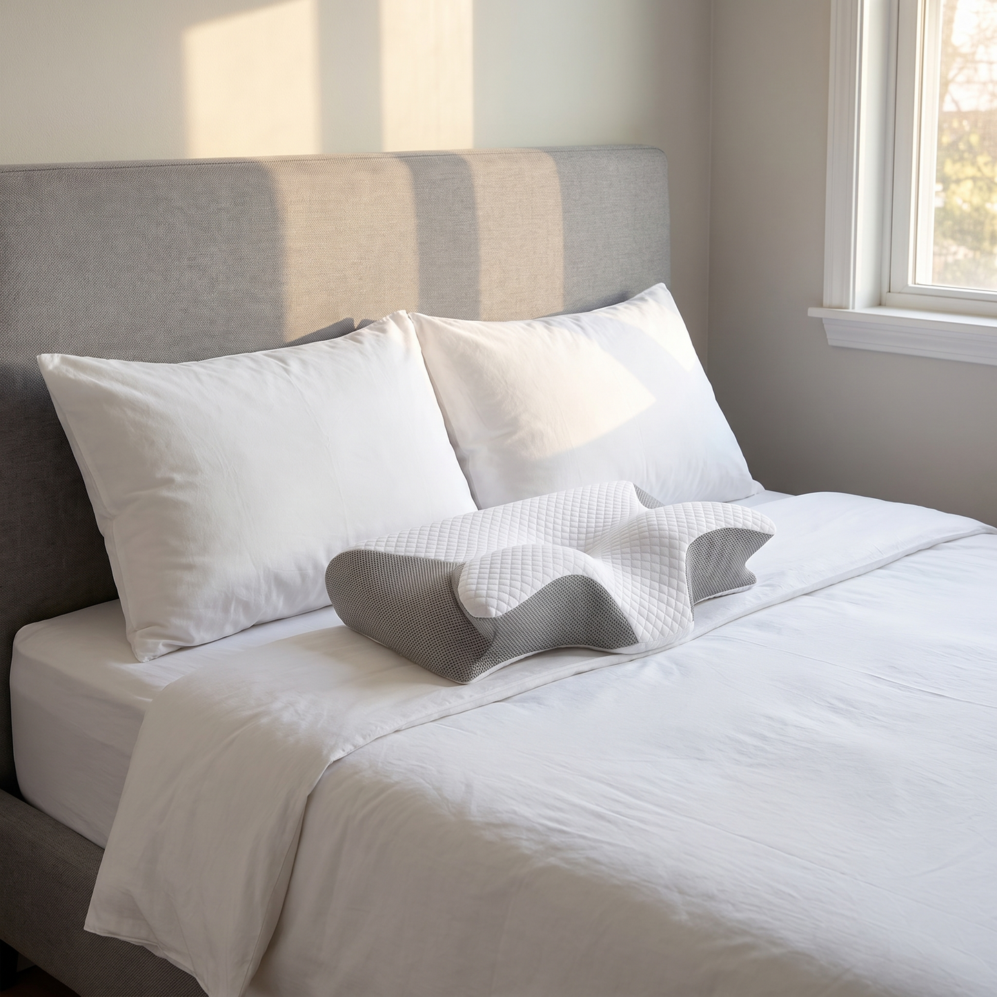 NeckRest nekkussen op bed voor twee gewone hoofdkussens, waardoor je ziet hoe compact hij is