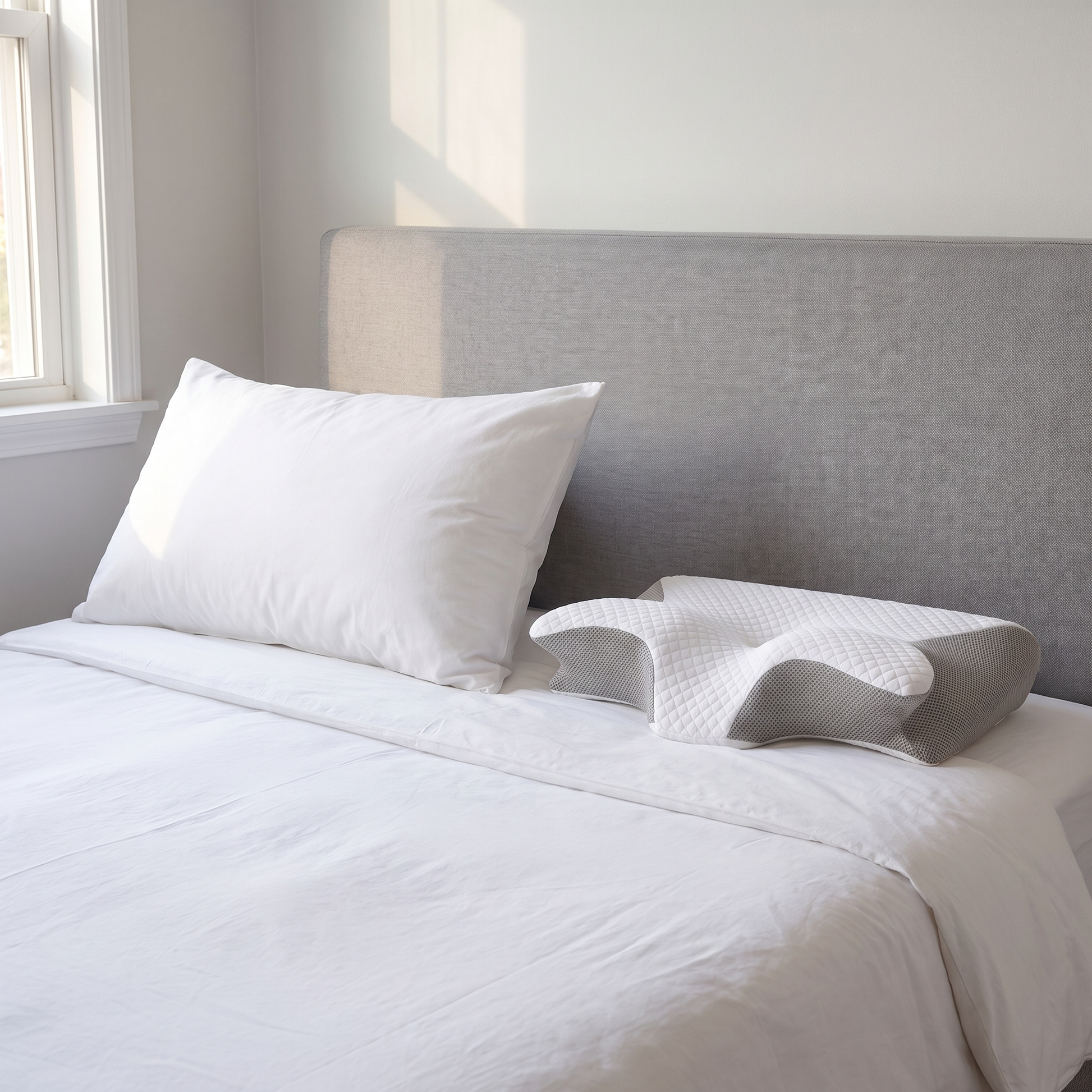 NeckRest nekkussen naast een gewoon hoofdkussen op bed, waardoor je ziet dat het NeckRest een stuk compacter is