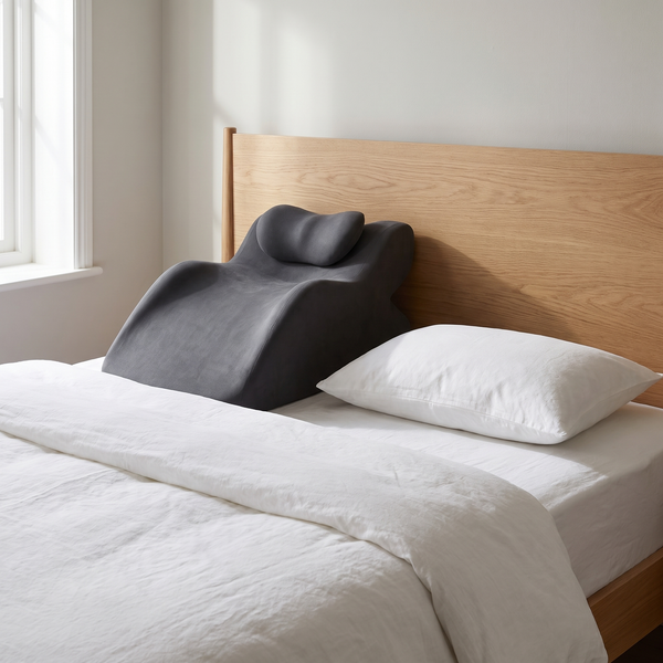 ErgoRest steunkussen rechtop op bed naast een gewoon hoofdkussen, zodat je de echte grootte ziet