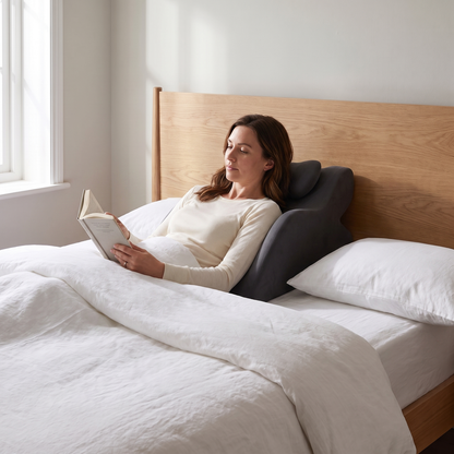 Vrouw leest half liggend in bed, leunend op het ErgoRest steunkussen met het nekkussentje onder haar nek