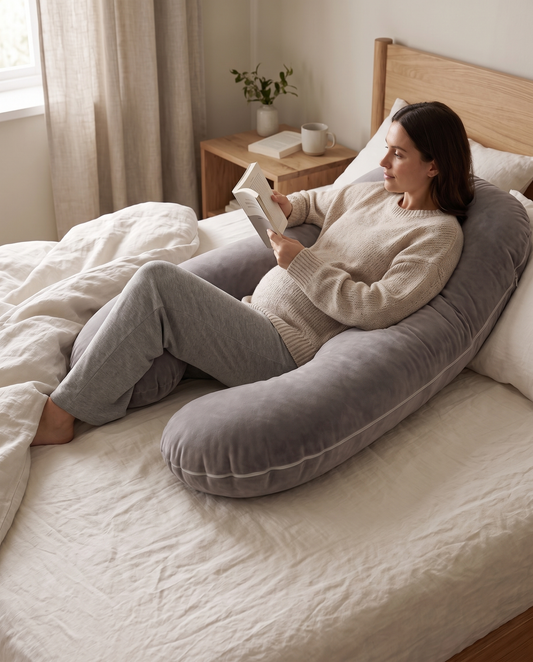 Vrouw leest half rechtop in bed met het MamaRest zwangerschapskussen in haar rug, als voorbeeld van hoe je het kussen gebruikt