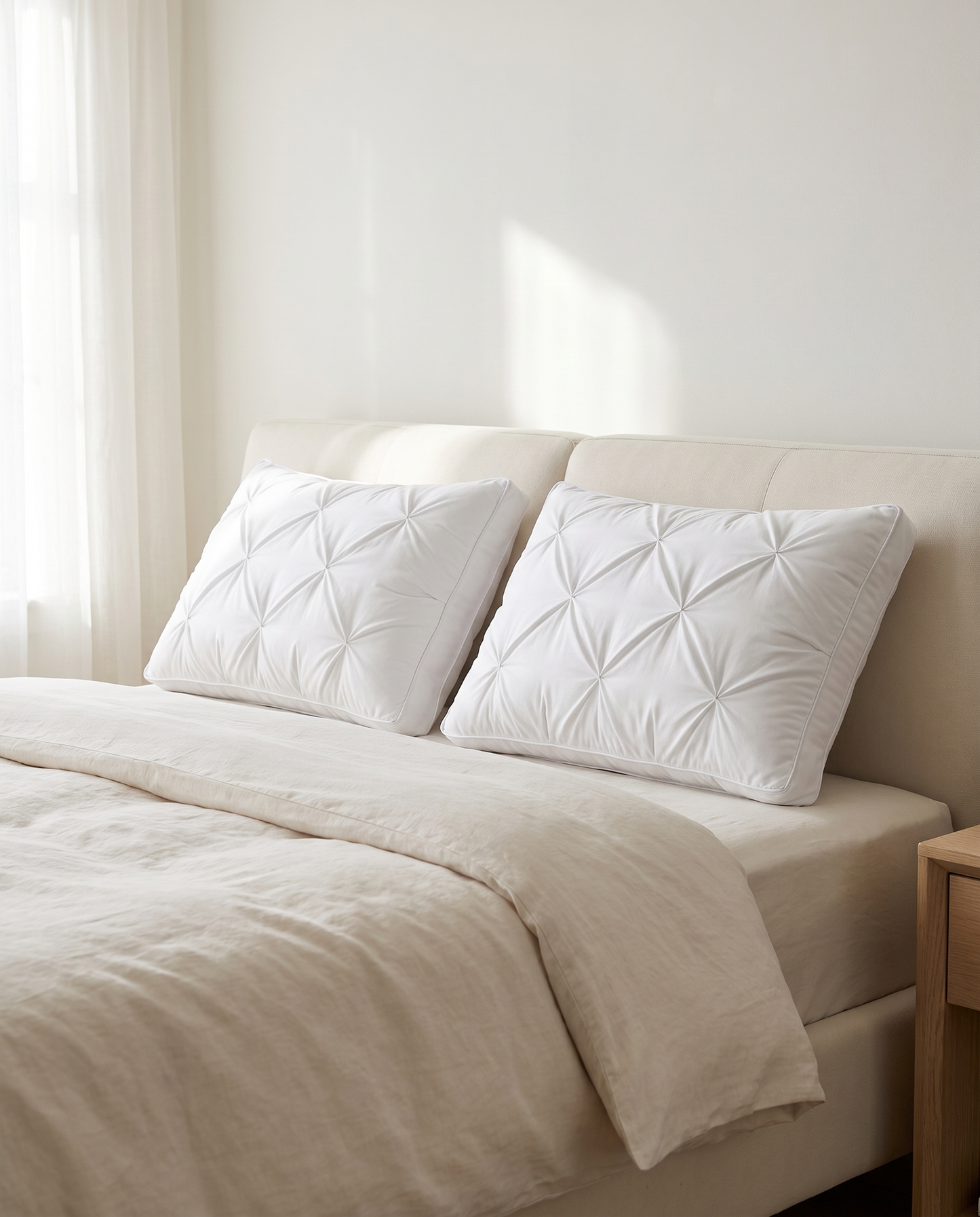 Twee LoftRest hotelkussens op een opgemaakt bed met linnen dekbed