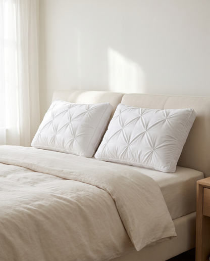 Twee LoftRest hotelkussens op een opgemaakt bed met linnen dekbed
